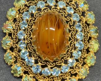 SCHREINER Gold Tone Blue Crystal Statement Brooch
