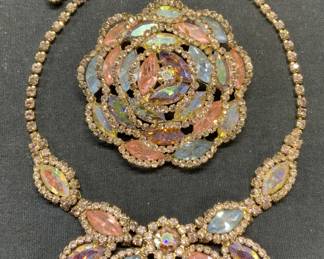 2 Gold Tn Pink & Blue Crystal Brooch & Necklace
