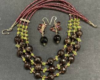 2 Amethyst & Peridot Beaded Necklace & Earrings
