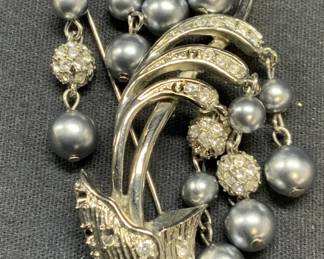 Silver Tn Faux Pearl Crystal Flower Brooch 3.25in
