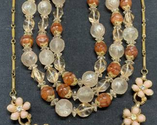 3 Pink Crystal & Flower Necklace, Beaded Earrings
