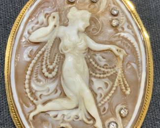 18k Gold, Diamond, Shell Pendant Brooch, Italy
