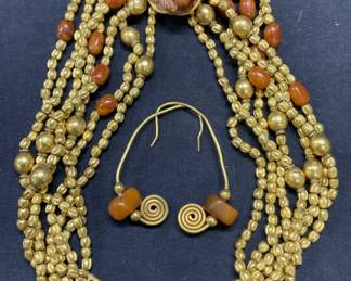 2 Gold Tn Carved Amber Necklace & Earrings
