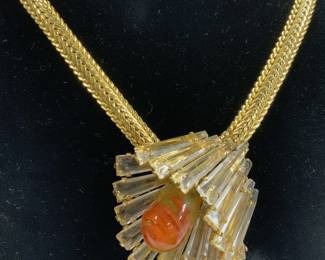 Gold Tn Wheat Chain Necklace w Art Glass Pendant
