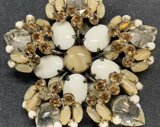 SCHREINER White & Tan Crystal Flower Brooch
