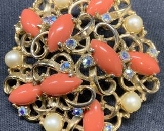 SCHIAPARELLI Faux Pearl Coral Cabochon Brooch
