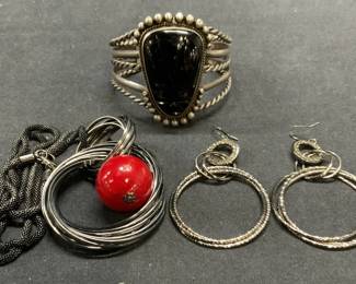 3 Sterling Silver Carved Stone Cuff Bracelet, More
