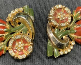Pair Gold Tn Enameled Crystal Flower Fur Clips
