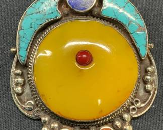 Tibetan Sterling Silver Amber Turquoise Pendant
