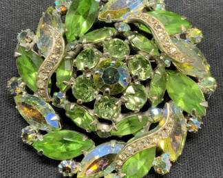 WEISS Silver Tone Green Crystal Flower Brooch
