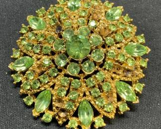 WEISS Gold Tone Green Crystal Brooch
