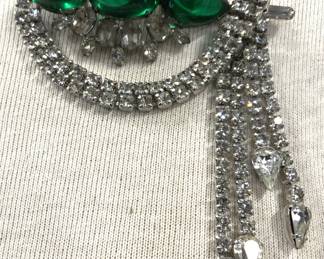 Hattie Carnegie Sgn Green Glass/Rhinestone Brooch

