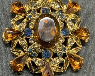 2 Gold Tone Green Crystal Flower Brooch & Earrings
