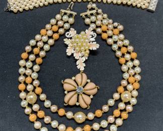 4 FLORENZA Faux Pearl Grape Brooch, Pearl Bracelet
