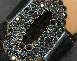 Blue Crystal & Leather Strap Bracelet
