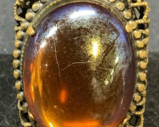 Brass Filigree Amber Cabochon Cocktail Ring
