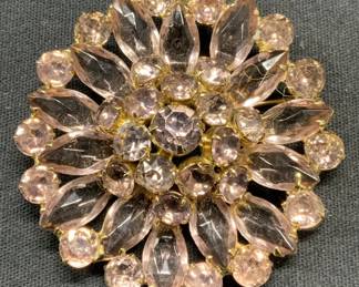 Gold Tone Pink Crystal Flower Brooch

