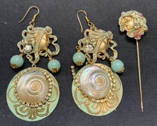 2 Figural Shell & Gilt Enameled Earrings & Pin
