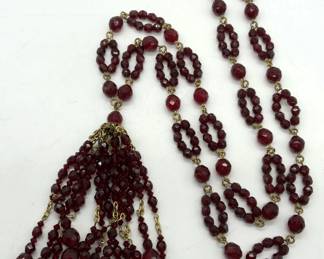 Gold Tone Red Crystal Beaded Tassel Necklace
