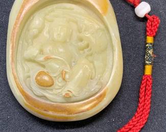 Carved Natural Stone Guan Yin Pendant 3in
