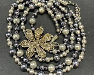 NENA Faux Pearl Crystal Flower Pendant Necklace

