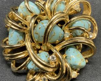BOUCHER Gold Tn Turquoise Cabochon Brooch
