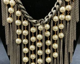 Silver Tone Faux Pearl Beaded Dangle Necklace
