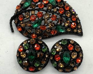 2 Multi Color Crystal Leaf Brooch, Earrings
