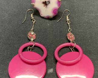 2 Sterling Silver Geode Ring, Pink Dangle Earrings
