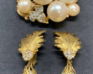 2 Gold Tn Faux Pearl Brooch & Earrings
