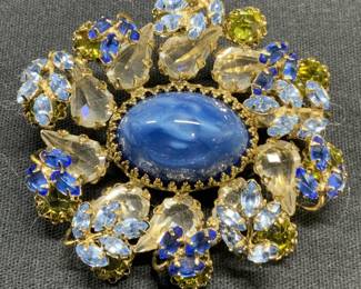 SCHREINER Gold Tone Blue Crystal Brooch
