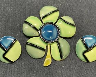 2 HAR Enameled Green Flower Brooch & Earrings
