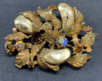 HAR Gold Tn Crystal Botanical Brooch 2.5in
