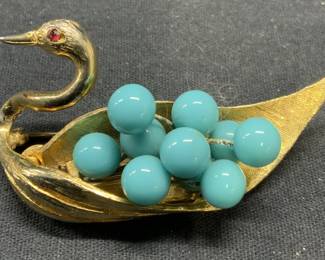 HATTIE CARNEGIE Gold Tn Blue Lucite Swan Brooch
