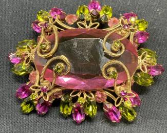 SCHREINER Gold Tone Pink & Green Crystal Brooch
