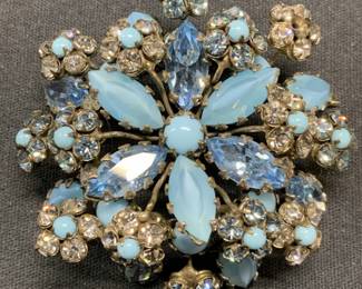 Silver Tone Blue Crystal Flower Brooch
