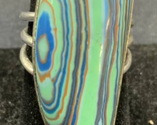 Silver Tone Blue Banded Stone Statement Ring
