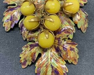 Enameled Berry Leaf Statement Brooch Clip 3.75in
