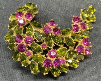 TRIFARI Gold Tone Green & Pink Crystal Brooch
