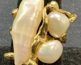 14K Gold & Baroque Pearl Sculptural Brutalist Ring
