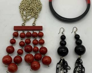 3 Red Wood Pendant Necklace, Lucite Bangle, More
