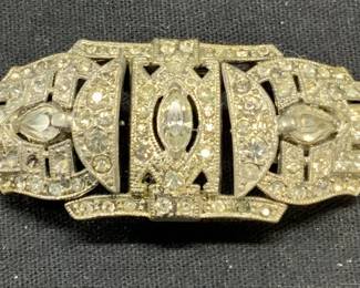 Art Deco Style Silver Tn Crystal Fur Clip Brooch
