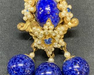 Gold Tone Lapis Style & Faux Pearl Brooch
