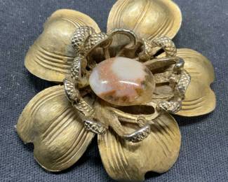 HAR Gold Tone Pink Cabochon Flower Brooch
