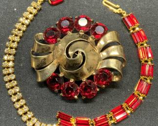 Lot2 Sterling Silver Red Crystal Brooch, More
