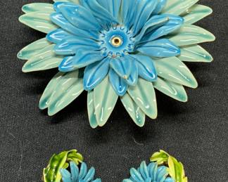 2 TRIFARI Blue Enamel Flower Earrings, Brooch
