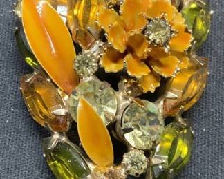 HATTIE CARNEGIE Crystal Enamel Flower Brooch
