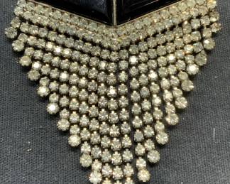 Silver Tone Black Crystal Dangle Brooch
