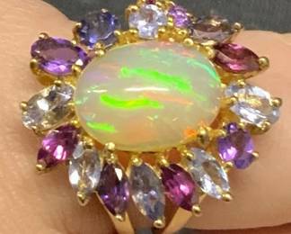 Sterling Silver Opal Cabochon Amethyst Ring
