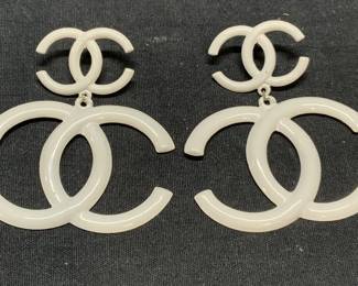 White Enameled Chanel Syle CC Dangle Earrings

